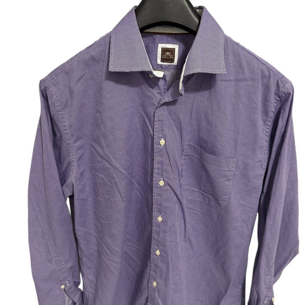 Peter Millar Dress Shirt Men’s Size XL White Purple Check Cotton Full Button